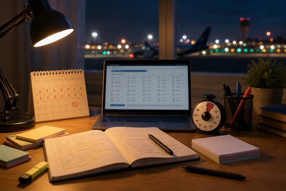 Capa horizontal 600x400 mostrando uma mesa de estudos organizada em casa à noite: caderno aberto com anotações, flashcards, cronômetro analógico e laptop com tela genérica de simulado (sem texto legível), caneta marca-texto, calendário marcando 30 dias, ao fundo uma janela com luzes de aeroporto desfocadas e silhueta de aeronave distante; composição clean e realista, estilo fotográfico cinematográfico, iluminação suave e contrastada, foco no primeiro plano, profundidade de campo rasa, sem texto, sem logotipos, sem marcas d’água