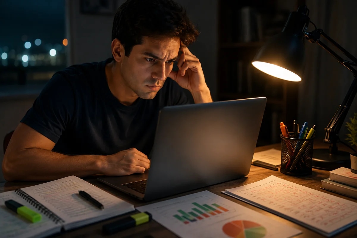 Candidato a comissário de voo estudando em casa com notebook aberto em um simulado, mesa organizada com caderno de anotações e marca-texto, gráfico de desempenho e lista de erros ao lado, ambiente noturno silencioso com luz quente de abajur, expressão concentrada e levemente frustrada, composição com foco no rosto e na tela desfocada, estilo fotográfico realista, alta nitidez, profundidade de campo suave, iluminação cinematográfica, enquadramento horizontal 600x400, sem texto, sem logotipos, sem marcas d'água