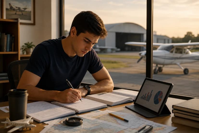 Cena realista de um jovem adulto estudando para a carreira de piloto em 2026 em uma sala de estudos moderna dentro de um aeroclube, com livros e anotações de aviação sobre a mesa, tablet com gráficos de planejamento financeiro, ao fundo através de uma janela grande um pequeno avião monomotor estacionado no pátio e um hangar, atmosfera profissional e inspiradora, estilo fotografia editorial, alta nitidez, cores naturais, iluminação suave de fim de tarde, profundidade de campo moderada, composição com regra dos terços, enquadramento horizontal 600x400, sem texto, sem logotipos, sem marcas d’água