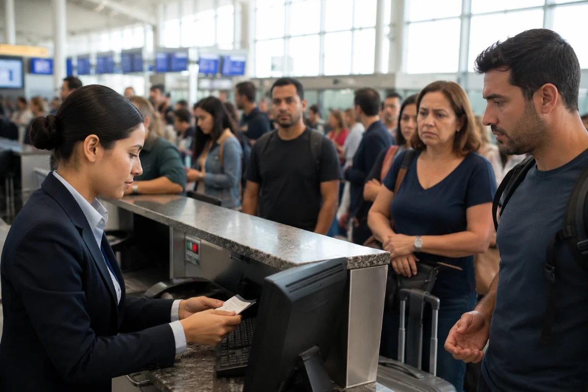 Cena realista em um aeroporto brasileiro: agente de aeroporto iniciante em uniforme neutro atendendo passageiros em um balcão de check-in, fila ao fundo com pessoas diversas e algumas expressões tensas, painéis de voos desfocados, ambiente amplo e moderno com luz natural entrando por grandes janelas, sensação de movimento e pressão operacional, composição com o agente em primeiro plano à esquerda e a fila em profundidade, estilo fotográfico documental, cores naturais, alta nitidez, iluminação suave de manhã, enquadramento horizontal 600x400, sem texto, sem logotipos, sem marcas d’água