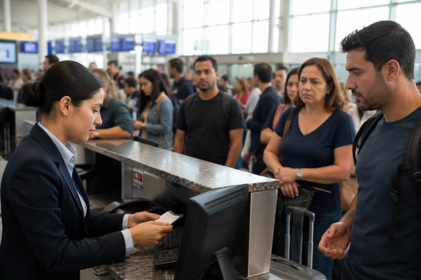 Cena realista em um aeroporto brasileiro: agente de aeroporto iniciante em uniforme neutro atendendo passageiros em um balcão de check-in, fila ao fundo com pessoas diversas e algumas expressões tensas, painéis de voos desfocados, ambiente amplo e moderno com luz natural entrando por grandes janelas, sensação de movimento e pressão operacional, composição com o agente em primeiro plano à esquerda e a fila em profundidade, estilo fotográfico documental, cores naturais, alta nitidez, iluminação suave de manhã, enquadramento horizontal 600x400, sem texto, sem logotipos, sem marcas d’água