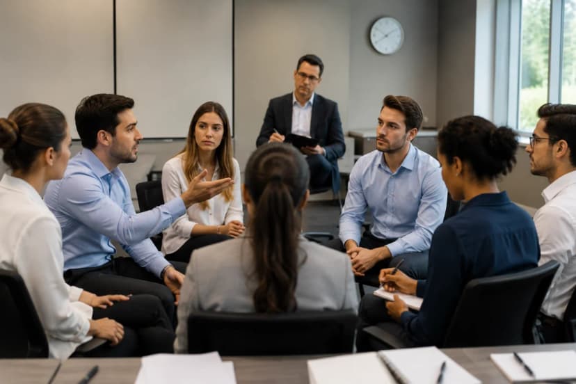 Cena realista em um ambiente corporativo moderno de recrutamento: sala de dinâmica de grupo com 6 a 8 candidatos sentados em semicírculo, um avaliador ao fundo com prancheta observando, expressões variadas (um candidato interrompendo, outro ouvindo atentamente, outro anotando). Mesa com folhas e canetas, relógio de parede discreto, iluminação natural suave entrando por janelas laterais, paleta neutra e profissional, foco nítido nos candidatos em primeiro plano, profundidade de campo moderada, estilo fotográfico editorial, enquadramento horizontal 600x400, sem texto, sem logotipos, sem marcas d’água.