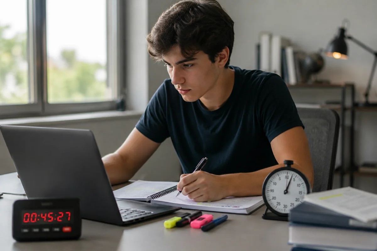 Capa horizontal 600x400 mostrando um estudante de aviação civil em uma mesa organizada, resolvendo um simulado em um notebook com um cronômetro analógico ao lado e um relógio digital marcando contagem regressiva; ambiente de estudo moderno e silencioso, luz natural suave entrando pela janela, caderno com anotações e marca-texto, expressão concentrada; composição em regra dos terços, foco no rosto e nas mãos, profundidade de campo rasa, estilo fotográfico realista, cores neutras, sem texto, sem logotipos, sem marcas d’água