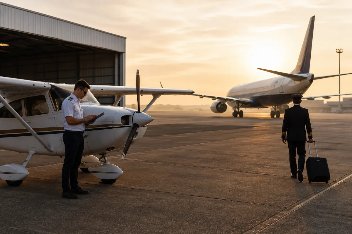 Cena realista em um aeroclube ao amanhecer: à esquerda um monomotor leve em pátio com um piloto em uniforme casual conferindo checklist ao lado da aeronave; à direita, ao fundo, um jato comercial em área de taxi com um piloto em uniforme completo e mala de rodinhas caminhando em direção ao terminal. Composição dividida em dois planos para contrastar rotinas, hangar e pista visíveis, atmosfera levemente enevoada, iluminação dourada suave, estilo fotográfico documental, alta nitidez, profundidade de campo moderada, enquadramento horizontal 600x400, sem texto, sem logotipos, sem marcas d’água