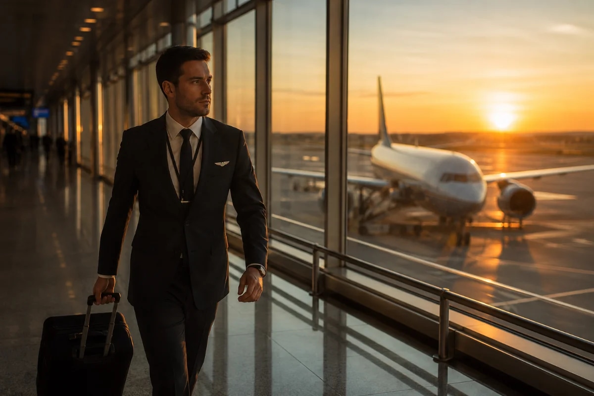 Fotografia realista de um comissário de voo iniciante em uniforme neutro caminhando por um corredor de aeroporto ao amanhecer, puxando mala de bordo, com aeronave ao fundo na pista e luz dourada suave; expressão focada e cansada, ambiente de terminal moderno com poucas pessoas, sensação de rotina intensa; composição cinematográfica, profundidade de campo, foco no personagem em primeiro plano, enquadramento horizontal 600x400, sem texto, sem logotipos, sem marcas d'água