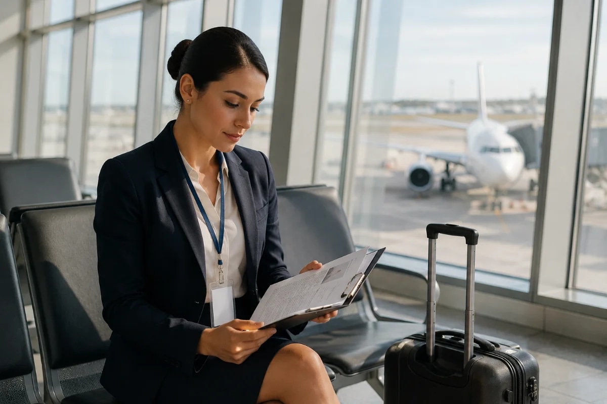 Cena realista em aeroporto moderno: candidata a comissária de bordo em traje social discreto revisando documentos e currículo em uma prancheta, sentada em área de embarque com janelas amplas e aeronave ao fundo desfocada; ao lado, uma mala pequena e um crachá genérico sem texto; composição horizontal 600x400, enquadramento em plano médio, profundidade de campo suave, estilo fotográfico editorial, cores neutras, iluminação natural de manhã, atmosfera calma e confiante, sem texto, sem logotipos, sem marcas d’água