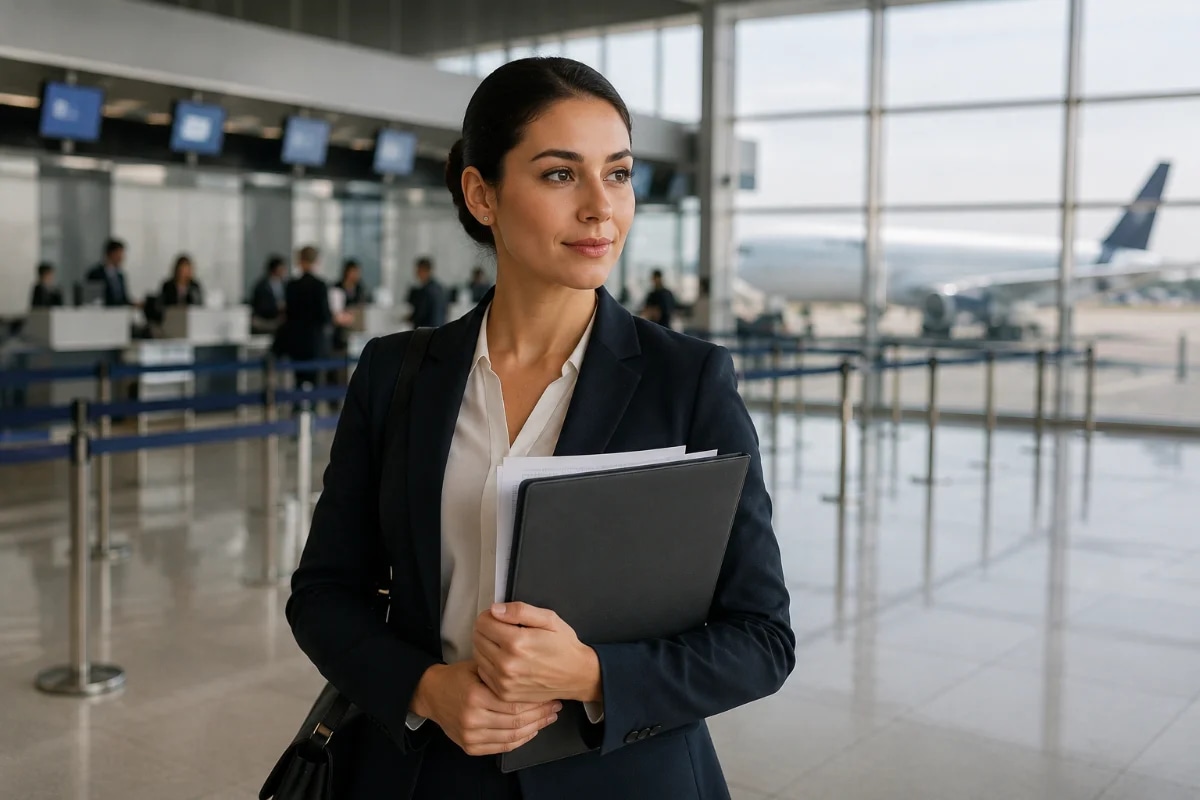 Cena realista em aeroporto moderno: candidato(a) a comissário(a) de bordo em traje social discreto segurando currículo e pasta, em primeiro plano; ao fundo, balcões de check-in e um avião pela janela, ambiente limpo e organizado. Composição horizontal 600x400, enquadramento meio-corpo, profundidade de campo suave, estilo fotográfico editorial, cores neutras, iluminação natural suave de manhã, sem texto, sem logotipos, sem marcas d’água.