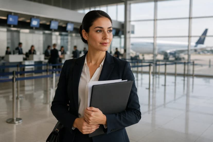 Cena realista em aeroporto moderno: candidato(a) a comissário(a) de bordo em traje social discreto segurando currículo e pasta, em primeiro plano; ao fundo, balcões de check-in e um avião pela janela, ambiente limpo e organizado. Composição horizontal 600x400, enquadramento meio-corpo, profundidade de campo suave, estilo fotográfico editorial, cores neutras, iluminação natural suave de manhã, sem texto, sem logotipos, sem marcas d’água.