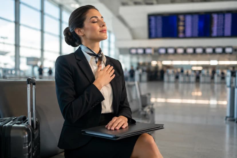 Fotografia realista de uma candidata a comissária de bordo em um ambiente de aeroporto moderno, sentada em uma área de espera com mala de mão e pasta de documentos, respirando profundamente com postura confiante; ao fundo desfocado, balcões de check-in e painéis de voo; composição limpa e profissional, foco no rosto e mãos, profundidade de campo suave, luz natural suave entrando por janelas amplas, clima calmo e determinado; enquadramento horizontal 600x400, sem texto, sem logotipos, sem marcas d’água