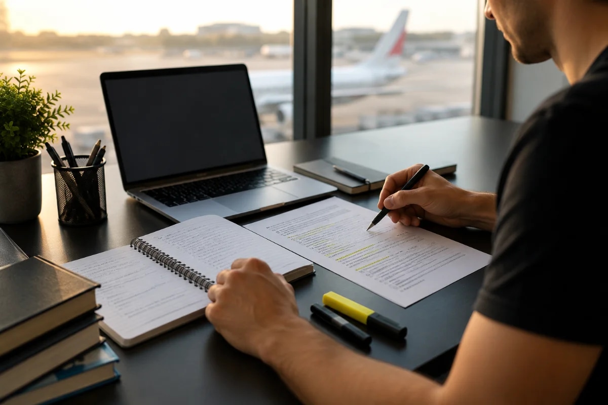 Cena realista de estudo para prova de aviação: mesa organizada com caderno aberto, folhas com questões de múltipla escolha destacadas, caneta e marca-texto, um laptop com tela neutra sem texto, ao fundo uma janela com vista desfocada de pista de aeroporto e cauda de aeronave ao longe; ambiente de home office moderno e silencioso, composição em perspectiva 3/4 com foco nas mãos analisando uma questão, profundidade de campo rasa, estilo fotográfico editorial, iluminação natural suave de fim de tarde, cores neutras, enquadramento horizontal 600x400, sem texto, sem logotipos, sem marcas d’água