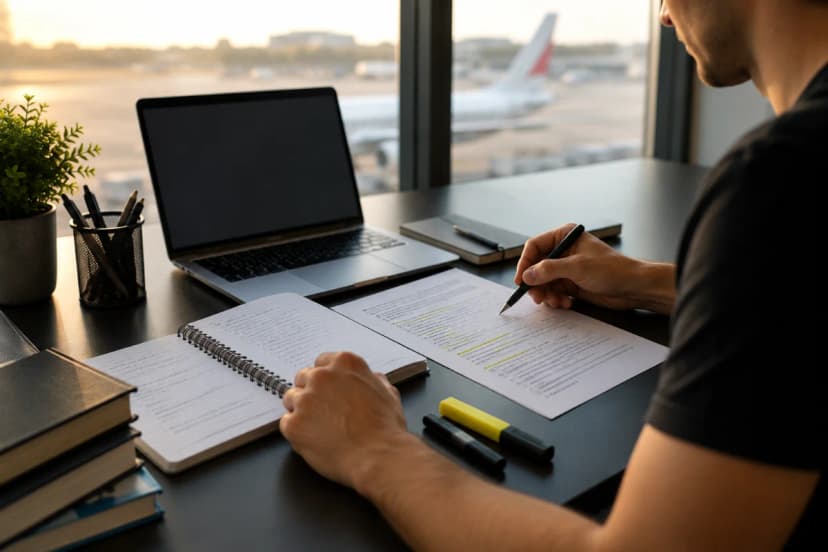 Cena realista de estudo para prova de aviação: mesa organizada com caderno aberto, folhas com questões de múltipla escolha destacadas, caneta e marca-texto, um laptop com tela neutra sem texto, ao fundo uma janela com vista desfocada de pista de aeroporto e cauda de aeronave ao longe; ambiente de home office moderno e silencioso, composição em perspectiva 3/4 com foco nas mãos analisando uma questão, profundidade de campo rasa, estilo fotográfico editorial, iluminação natural suave de fim de tarde, cores neutras, enquadramento horizontal 600x400, sem texto, sem logotipos, sem marcas d’água