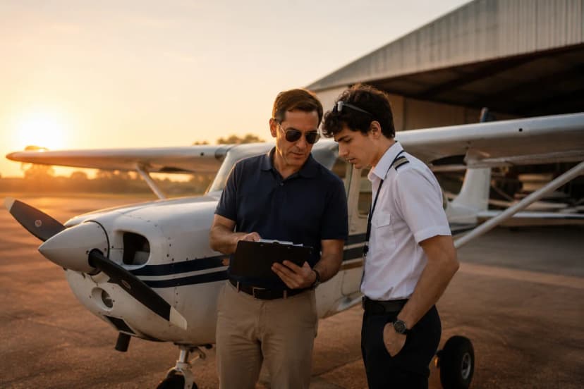 Cena realista em um aeroclube brasileiro ao amanhecer: um aluno piloto e um instrutor ao lado de um monomotor de treinamento (tipo Cessna), com prancheta e checklist, hangar ao fundo e pista visível; composição horizontal 600x400, enquadramento em plano médio com profundidade de campo suave, atmosfera de foco e planejamento, estilo fotográfico cinematográfico, cores naturais, iluminação dourada suave, sem texto, sem logotipos, sem marcas d’água