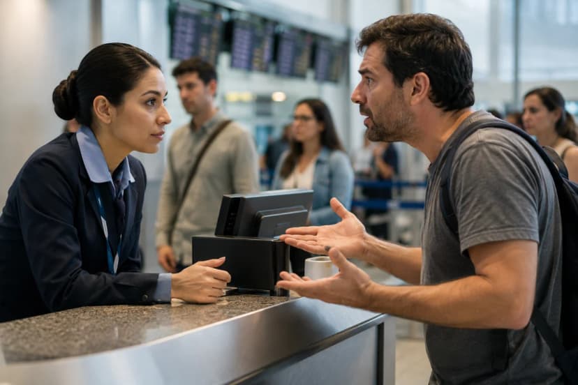 Cena realista em um saguão de aeroporto moderno: agente de atendimento uniformizado conversando com um passageiro levemente estressado ao balcão, fila ao fundo, painéis de voos desfocados, clima de rotina sob pressão; composição horizontal 600x400, foco no contato humano e linguagem corporal, estilo fotografia documental, cores neutras, iluminação suave de ambiente interno, profundidade de campo moderada, sem texto, sem logotipos, sem marcas d’água