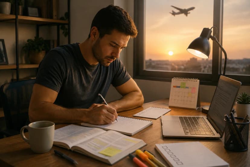 Cena realista de um profissional em transição de carreira estudando para a ANAC após o trabalho: mesa organizada com caderno aberto, laptop com páginas de estudo (sem texto legível), calendário e checklist, caneca e luminária; ao fundo, janela com luz do fim de tarde e silhueta suave de um avião passando no céu; ambiente doméstico moderno e minimalista, clima de foco e disciplina; composição horizontal 600x400, enquadramento em plano médio, profundidade de campo suave, estilo fotográfico realista, iluminação quente e natural, sem texto, sem logotipos, sem marcas d’água