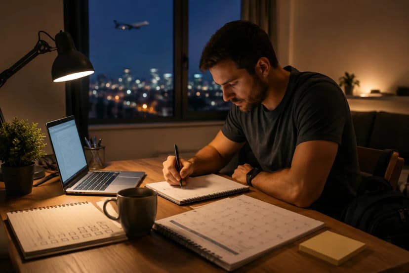Cena realista de um adulto estudando à noite após o trabalho em um apartamento pequeno e organizado: mesa com caderno, laptop aberto com anotações, calendário e checklist, xícara de café, mochila de trabalho ao lado; ao fundo, janela com luzes da cidade e um avião passando distante no céu; composição horizontal 600x400, enquadramento em plano médio com foco na mesa e nas mãos escrevendo, estilo fotografia editorial moderna, cores neutras, iluminação quente de abajur com contraste suave, profundidade de campo rasa, sem texto, sem logotipos, sem marcas d’água