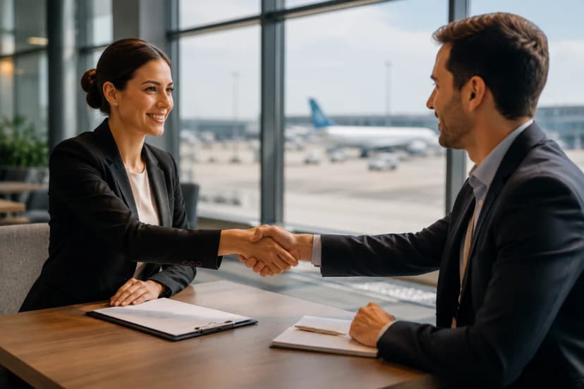 Cena realista em aeroporto moderno: candidato(a) bem-apresentado(a) em traje social discreto cumprimentando recrutador(a) com aperto de mão, ambos ao lado de uma mesa de entrevista com documentos organizados e crachá neutro; ao fundo, janelas amplas com pista e aeronave desfocada; composição horizontal 600x400, foco no gesto e na postura confiante, profundidade de campo suave, estilo fotográfico editorial, iluminação natural suave de manhã, cores neutras, sem texto, sem logotipos, sem marcas d’água