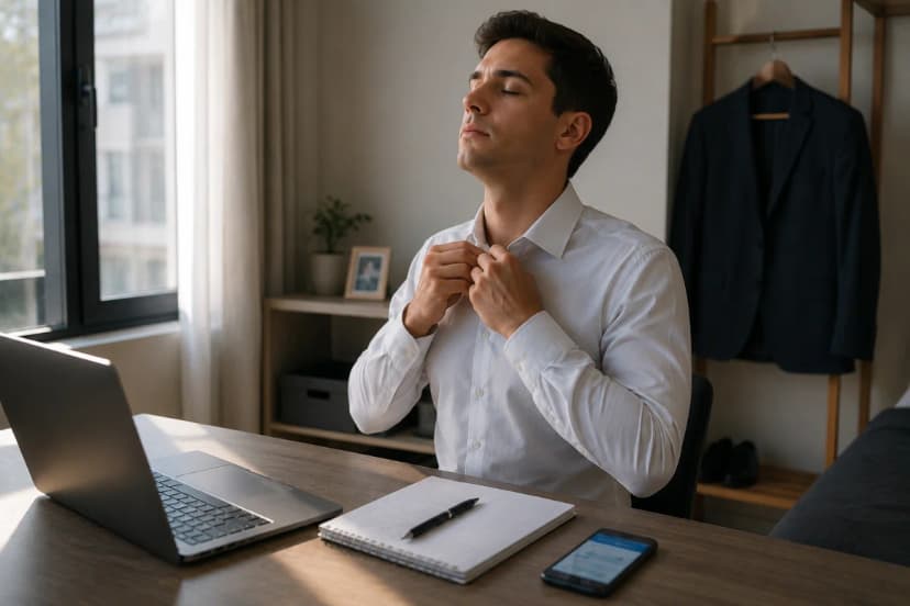 Candidato iniciante em aviação civil se preparando em casa antes da primeira entrevista: mesa organizada com notebook aberto em currículo, bloco de notas e caneta, uniforme social neutro pendurado ao fundo, celular com mensagem de recrutador na tela (sem texto legível), ambiente clean e moderno, luz natural suave de manhã entrando pela janela, composição minimalista e profissional, foco no candidato ajustando postura e respirando com calma, profundidade de campo moderada, estilo fotográfico realista, cores neutras, enquadramento horizontal 600x400, sem texto, sem logotipos, sem marcas d'água