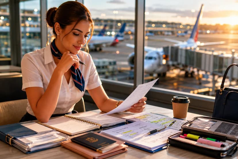 Cena realista em aeroporto moderno: jovem comissário(a) de bordo recém-aprovado(a) estudando e organizando documentos (passaporte, certificados, checklist) em uma mesa próxima a grandes janelas com vista para aeronaves no pátio. Composição horizontal 600x400, enquadramento em plano médio com profundidade de campo suave, elementos de aviação ao fundo (aviões, finger, luzes do terminal) desfocados. Estilo fotográfico editorial, cores neutras e profissionais, iluminação natural de fim de tarde entrando pelas janelas, atmosfera de foco e preparação. Sem texto, sem logotipos, sem marcas d’água.