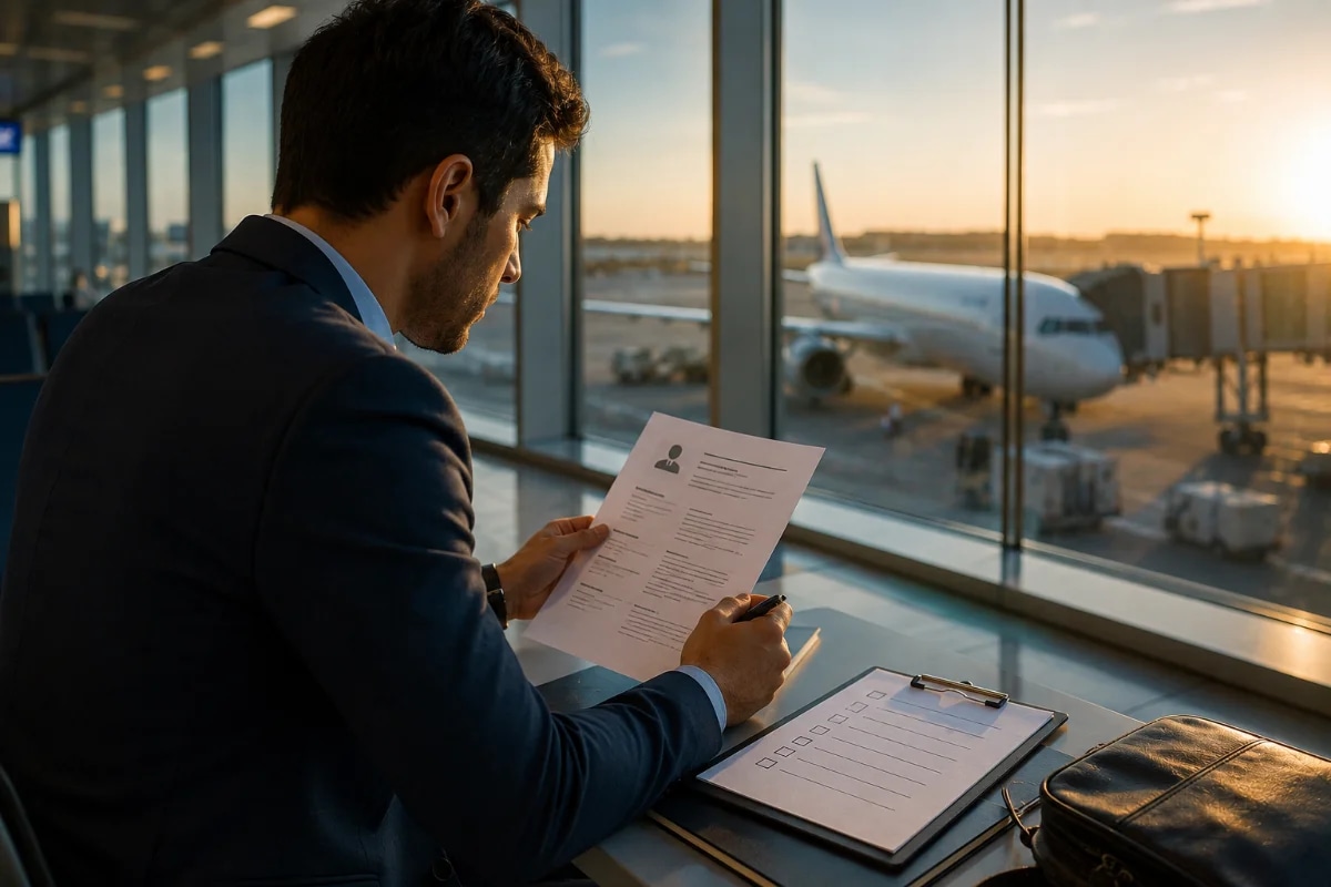 Cena realista em um aeroporto moderno: profissional em transição de carreira (traje social discreto) analisando um checklist e um currículo em uma mesa próxima ao portão de embarque, com aeronave ao fundo pela janela; ambiente limpo e organizado, clima de preparação e foco; composição com regra dos terços, profundidade de campo suave, cores neutras e azuis, estilo fotográfico editorial, iluminação natural de fim de tarde, enquadramento horizontal 3:2, sem texto, sem logotipos, sem marcas d’água