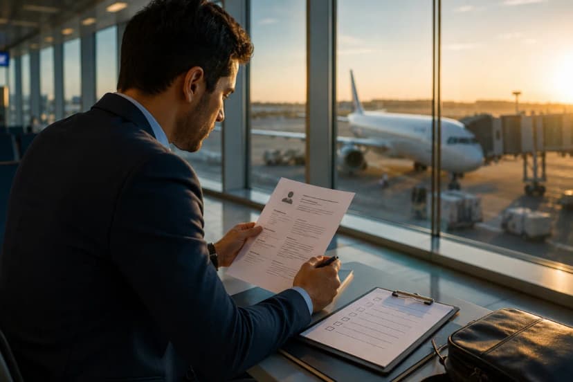 Cena realista em um aeroporto moderno: profissional em transição de carreira (traje social discreto) analisando um checklist e um currículo em uma mesa próxima ao portão de embarque, com aeronave ao fundo pela janela; ambiente limpo e organizado, clima de preparação e foco; composição com regra dos terços, profundidade de campo suave, cores neutras e azuis, estilo fotográfico editorial, iluminação natural de fim de tarde, enquadramento horizontal 3:2, sem texto, sem logotipos, sem marcas d’água
