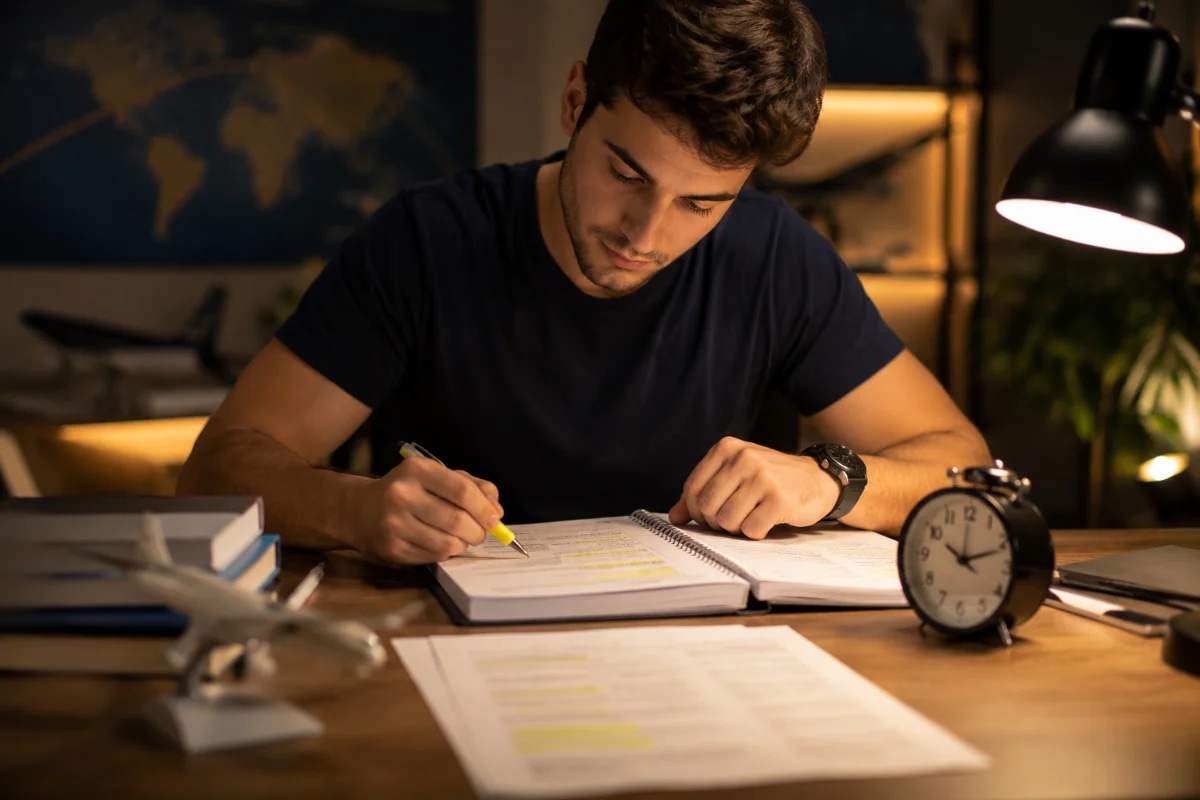Candidato estudando para a prova da ANAC em uma mesa organizada com caderno aberto e folhas de questões, caneta marcando palavras-chave como “exceto” e “incorreta”, relógio ao lado sugerindo pressão de tempo, ambiente de estudo noturno com luz quente de abajur, fundo desfocado com elementos sutis de aviação (miniatura de avião e mapa de rotas), composição limpa e realista, estilo fotografia editorial, profundidade de campo rasa, enquadramento horizontal 600x400, sem texto, sem logotipos, sem marcas d’água