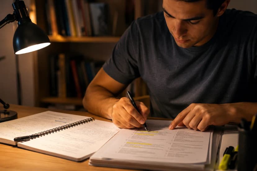 Capa horizontal 600x400 mostrando um candidato estudando para a prova da ANAC em uma mesa organizada com caderno, caneta e um simulado impresso com duas alternativas destacadas; ambiente de estudo noturno em casa, luz quente de abajur, fundo desfocado com estante de livros; composição em regra dos terços, foco nas mãos e na folha, estilo fotográfico realista, alta nitidez, sem texto, sem logotipos, sem marcas d’água