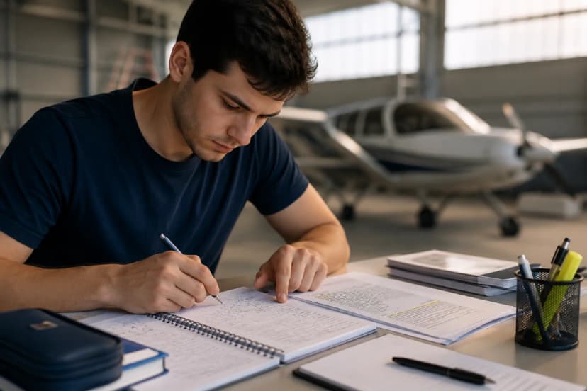 Candidato estudando para prova da ANAC em uma mesa organizada, com caderno aberto, caneta e folhas com questões técnicas; ao fundo, um hangar moderno desfocado com aeronave leve e luz suave entrando por janelas altas; composição realista e limpa, foco nas mãos analisando alternativas e marcando palavras-chave, atmosfera de concentração, estilo fotográfico editorial, iluminação natural lateral, profundidade de campo rasa, enquadramento horizontal 600x400, sem texto, sem logotipos, sem marcas d'água