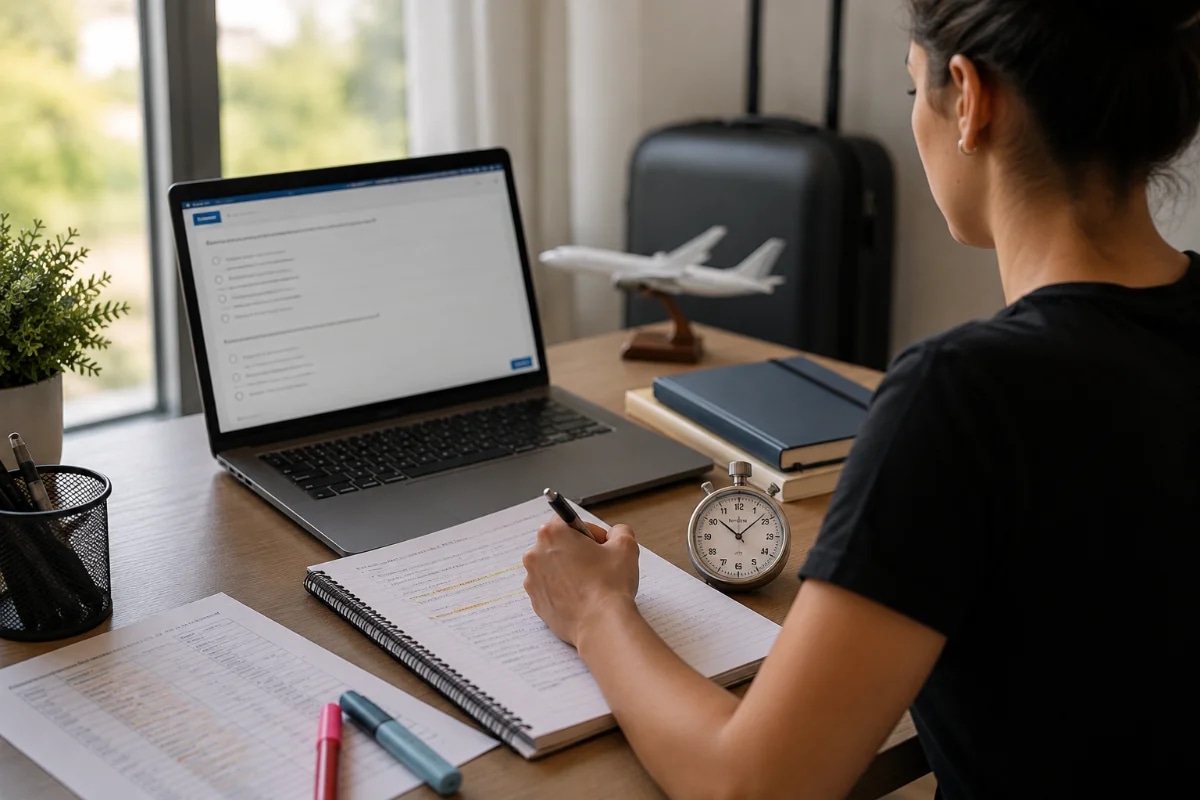 Candidato a comissário de bordo estudando em casa com notebook aberto em um simulado, caderno com anotações e cronômetro ao lado, ambiente organizado e moderno, luz natural suave entrando pela janela, ao fundo uma mala de viagem e um pequeno modelo de avião desfocado, composição realista e clean, foco nas mãos e na tela em perspectiva, profundidade de campo rasa, estilo fotografia editorial, cores neutras, enquadramento horizontal 600x400, sem texto, sem logotipos, sem marcas d’água