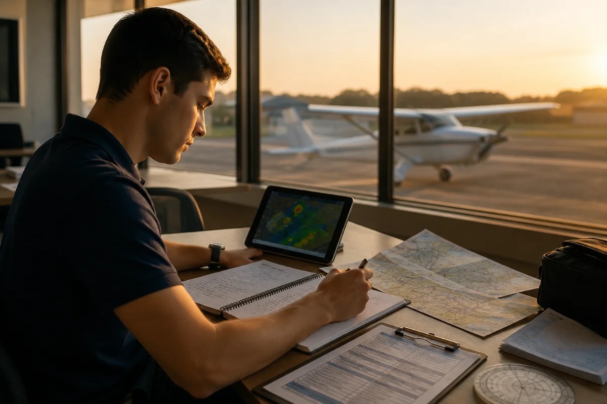 Capa horizontal 600x400 mostrando um aluno piloto brasileiro em uma sala de briefing de aeroclube, sentado à mesa com caderno aberto, checklist e cartas de navegação, tablet com app de meteorologia sem marcas, ao fundo janela com um monomotor no pátio ao amanhecer, ambiente organizado e realista, composição com regra dos terços, foco no aluno e materiais de estudo, profundidade de campo suave, estilo fotográfico cinematográfico, iluminação natural dourada suave, cores neutras, sem texto, sem logotipos, sem marcas d’água