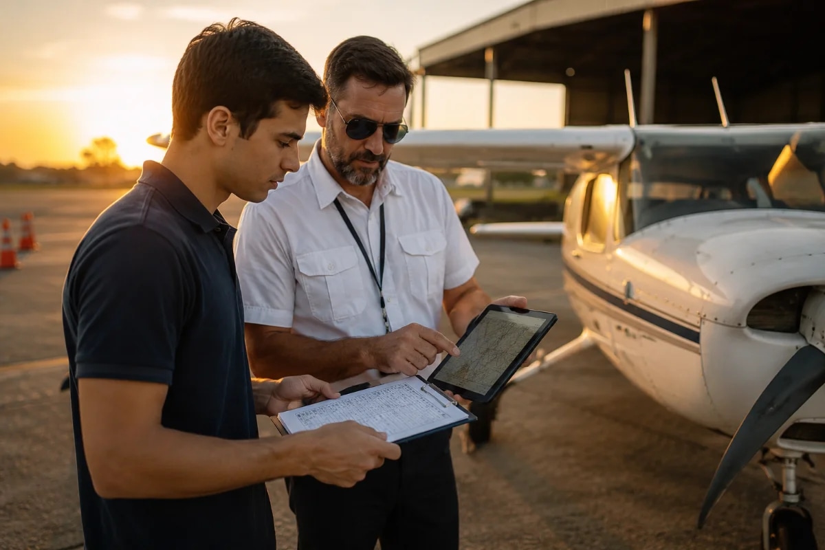 Cena realista em aeroclube brasileiro ao amanhecer: aluno piloto e instrutor ao lado de um monomotor de treinamento no pátio, revisando checklist em prancheta e tablet com carta aeronáutica; ao fundo, hangar e pista desfocada, cones de sinalização e luz dourada suave. Composição horizontal 600x400, enquadramento médio com a aeronave ocupando a lateral direita e as pessoas em primeiro plano à esquerda, profundidade de campo rasa, estilo fotografia editorial cinematográfica, cores naturais, iluminação quente de sunrise, sem texto, sem logotipos, sem marcas d’água.