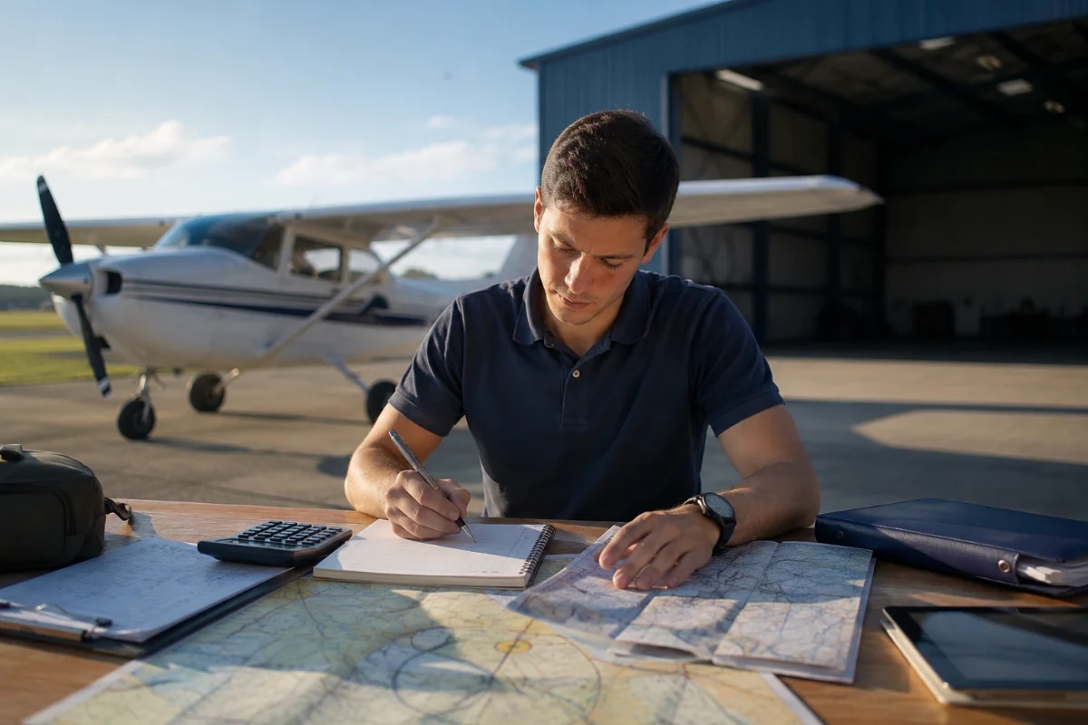 Capa horizontal 400x600 mostrando um jovem aluno piloto em um aeroclube, sentado à mesa com mapa aeronáutico, caderno de planejamento e calculadora, ao fundo um monomotor no pátio e um hangar, clima de manhã cedo, céu claro, atmosfera realista e profissional, composição com profundidade de campo, foco no planejamento e na aviação, estilo fotografia editorial, iluminação natural suave, cores neutras, sem texto, sem logotipos, sem marcas d’água