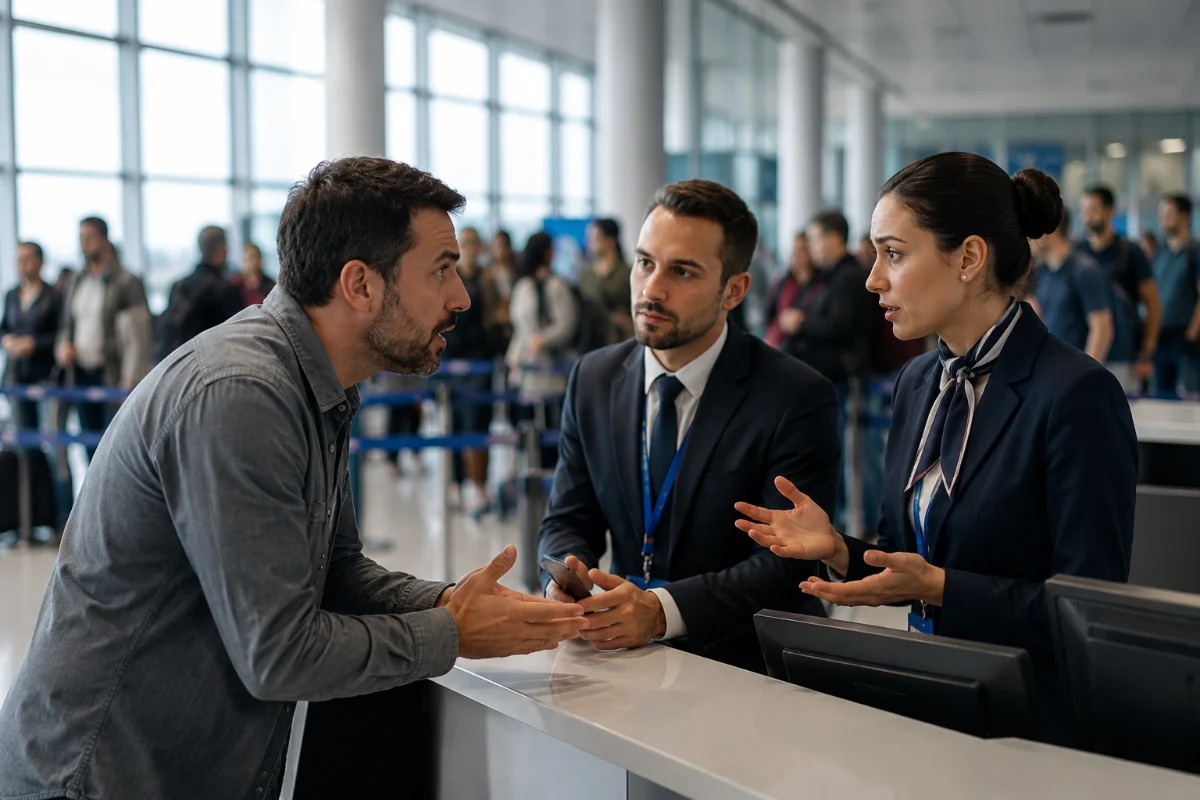 Cena realista em aeroporto: agente de atendimento e comissária conversando com um passageiro irritado no balcão de embarque, linguagem corporal calma e profissional, fila ao fundo desfocada, ambiente moderno com luz natural entrando por janelas amplas, composição com três personagens em primeiro plano, foco no diálogo e na postura, estilo fotográfico documental, cores neutras, iluminação suave, profundidade de campo rasa, enquadramento horizontal 600x400, sem texto, sem logotipos, sem marcas d’água