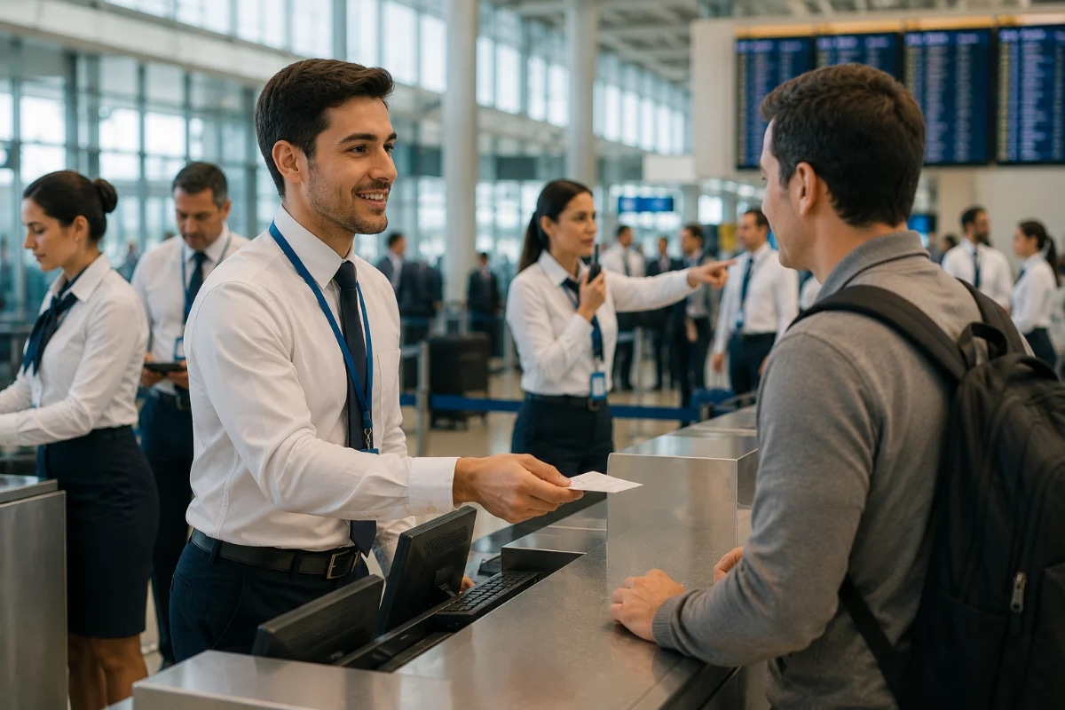 Cena realista em um terminal de aeroporto moderno no Brasil: um agente de aeroporto em uniforme neutro ajuda um passageiro no balcão de check-in enquanto coordena a equipe ao fundo; painel de voos desfocado, fila organizada, clima de operação intensa porém controlada. Composição horizontal 600x400, foco no agente em primeiro plano, profundidade de campo suave, estilo fotográfico editorial corporativo, iluminação natural com luz suave entrando por grandes janelas, cores neutras e profissionais, sem texto, sem logotipos, sem marcas d’água.