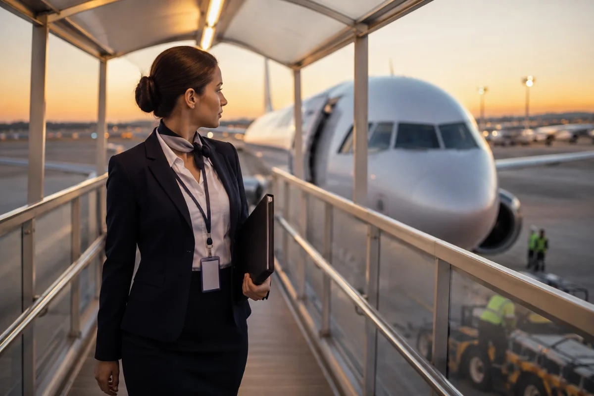Cena realista em aeroporto brasileiro ao amanhecer: comissário(a) de bordo em uniforme neutro caminhando no finger em direção a uma aeronave comercial estacionada, segurando uma pasta de documentos e um crachá sem texto visível; ao fundo, pista e luzes de taxiamento, equipe de solo desfocada; composição cinematográfica, foco no personagem em primeiro plano, profundidade de campo suave, cores naturais, estilo fotográfico editorial, iluminação suave dourada, enquadramento horizontal 600x400, sem texto, sem logotipos, sem marcas d’água