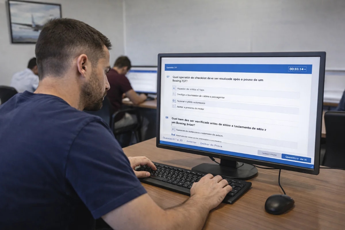 Candidato realizando prova técnica da aviação em computador, concentrado na leitura de questões objetivas em sala de testes com tempo cronometrado.