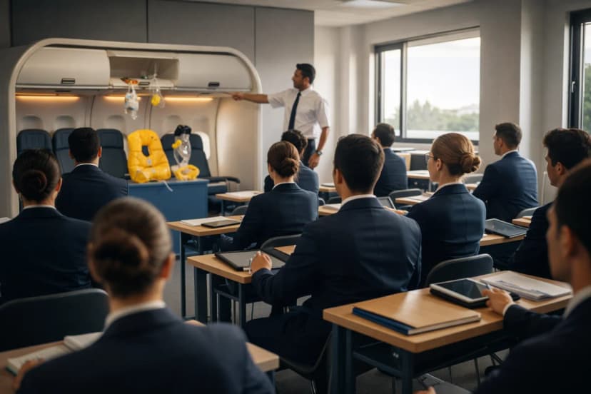 Cena realista de uma sala de treinamento de comissários de voo no Brasil: uma turma de alunos uniformizados sentados em carteiras com cadernos e tablets, instrutor ao fundo apontando para um mockup de cabine de avião e equipamentos de segurança (colete salva-vidas, máscara de oxigênio) em uma bancada; ambiente moderno e bem iluminado, clima de foco e estudo, composição cinematográfica com profundidade de campo, luz natural suave entrando por janelas laterais, cores neutras com detalhes em azul, enquadramento horizontal 16:9, sem texto, sem logotipos, sem marcas d’água