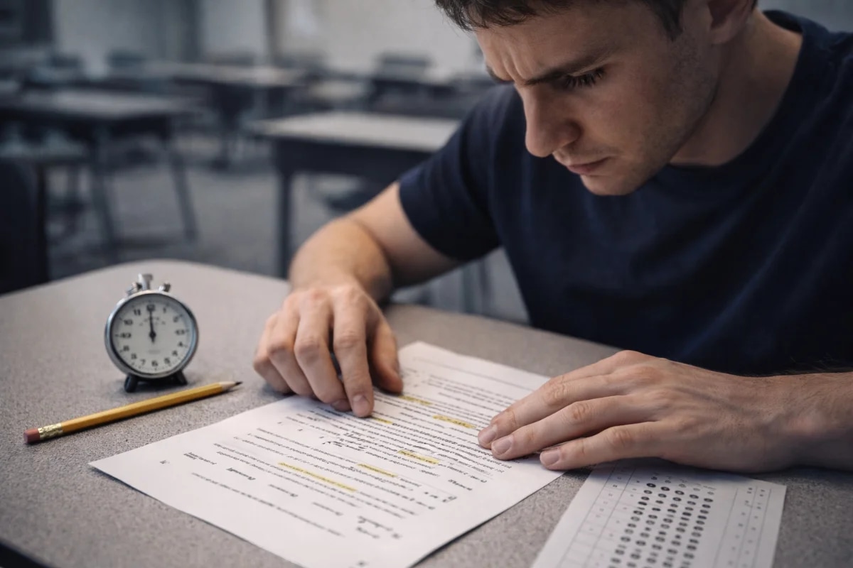 Cena realista em estilo editorial: candidato(a) sentado(a) em uma sala de prova silenciosa, mesa com folha de questões e cartão-resposta, lápis e relógio analógico ao lado; expressão de concentração e leve tensão, mãos próximas ao enunciado destacando palavras-chave; ao fundo desfocado, ambiente de sala de exame com iluminação fria e uniforme; composição limpa e minimalista, foco no papel e no rosto, profundidade de campo curta, fotografia hiper-realista, enquadramento horizontal 16:9, sem texto, sem logotipos, sem marcas d'água