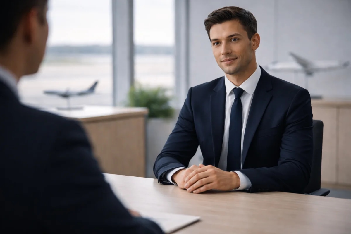 Cena realista em um ambiente corporativo moderno de recrutamento: candidata a comissária de bordo em traje social discreto, postura ereta e confiante, mãos apoiadas de forma natural, fazendo contato visual com recrutador(a) sentado(a) à mesa; ao fundo, elementos sutis de aviação como uma janela com pista desfocada ou um modelo de avião minimalista, sem marcas. Composição horizontal 16:9, enquadramento médio, foco na linguagem corporal, profundidade de campo suave, iluminação natural suave de fim de manhã, estilo fotográfico editorial, cores neutras, sem texto, sem logotipos, sem marcas d’água