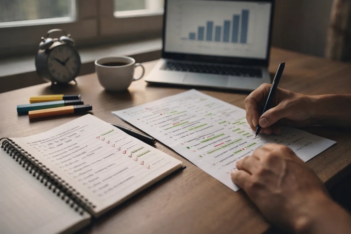 Cena de estudo pós-simulado em um ambiente de home office organizado: mesa com caderno aberto com anotações e checklist, prova/simulado com marcações, laptop exibindo gráfico simples de desempenho (sem texto legível), canetas e marca-texto, relógio de mesa sugerindo passagem de tempo, xícara de café ao lado; composição com foco nos materiais de correção e planejamento, mãos de uma pessoa revisando e anotando; estilo visual fotográfico realista, tons neutros e profissionais, iluminação suave de fim de tarde pela janela, profundidade de campo moderada, enquadramento horizontal 16:9, sem texto, sem logotipos, sem marcas d’água