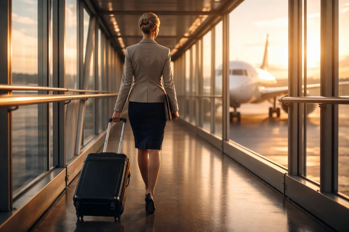 Cena realista em aeroporto moderno ao amanhecer: comissário(a) de voo em uniforme neutro caminhando no finger em direção a uma aeronave comercial ao fundo, segurando uma pasta e um crachá (sem marcas). Composição cinematográfica com profundidade de campo, linhas de perspectiva do corredor, luz dourada suave entrando pelas janelas, reflexos no piso, atmosfera profissional e aspiracional. Enquadramento horizontal 16:9, estilo fotográfico editorial, alta nitidez, sem texto, sem logotipos, sem marcas d’água.