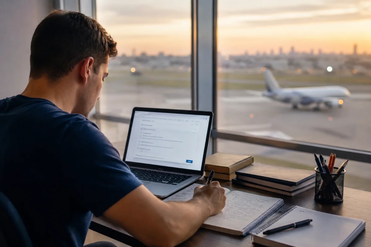 Candidato estudando para a prova teórica da ANAC em uma mesa organizada com notebook aberto em um simulado, caderno com anotações e caneta, ao fundo um aeroporto visto por uma janela ampla com um avião taxiando desfocado; ambiente moderno e silencioso, clima de foco e preparação; composição com regra dos terços, sujeito em primeiro plano à esquerda e janela ao fundo à direita; estilo fotográfico realista, alta nitidez, cores neutras, iluminação natural suave de fim de tarde, profundidade de campo moderada, enquadramento horizontal 600x400, sem texto, sem logotipos, sem marcas d'água