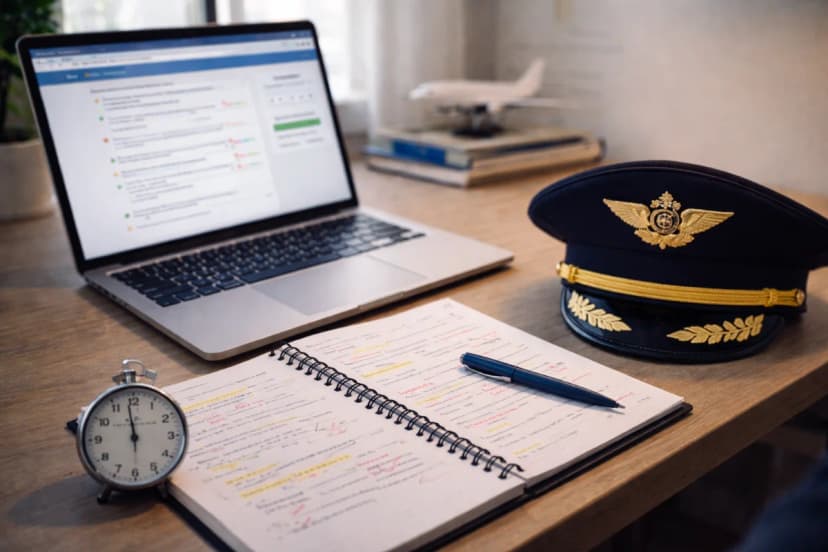 Cena realista de estudo para prova de aviação: mesa organizada com caderno aberto, caneta, cronômetro analógico e laptop exibindo um simulado (sem texto legível), ao lado um capacete de piloto e um manual de aviação; ambiente de home office moderno com luz natural suave entrando pela janela, tons neutros e detalhes aeronáuticos discretos; composição clean com foco nos objetos de estudo em primeiro plano, profundidade de campo rasa, estilo fotográfico editorial, iluminação suave e contrastes moderados; enquadramento horizontal 16:9, sem texto, sem logotipos, sem marcas d’água